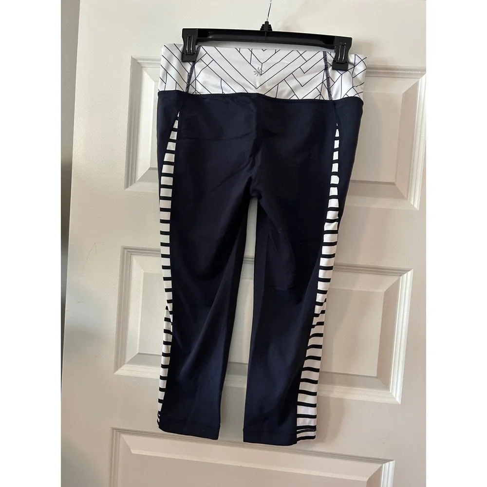 Athleta Navy Blue Geometric Striped Cropped Leggings Yoga Pants Medium RN 54023